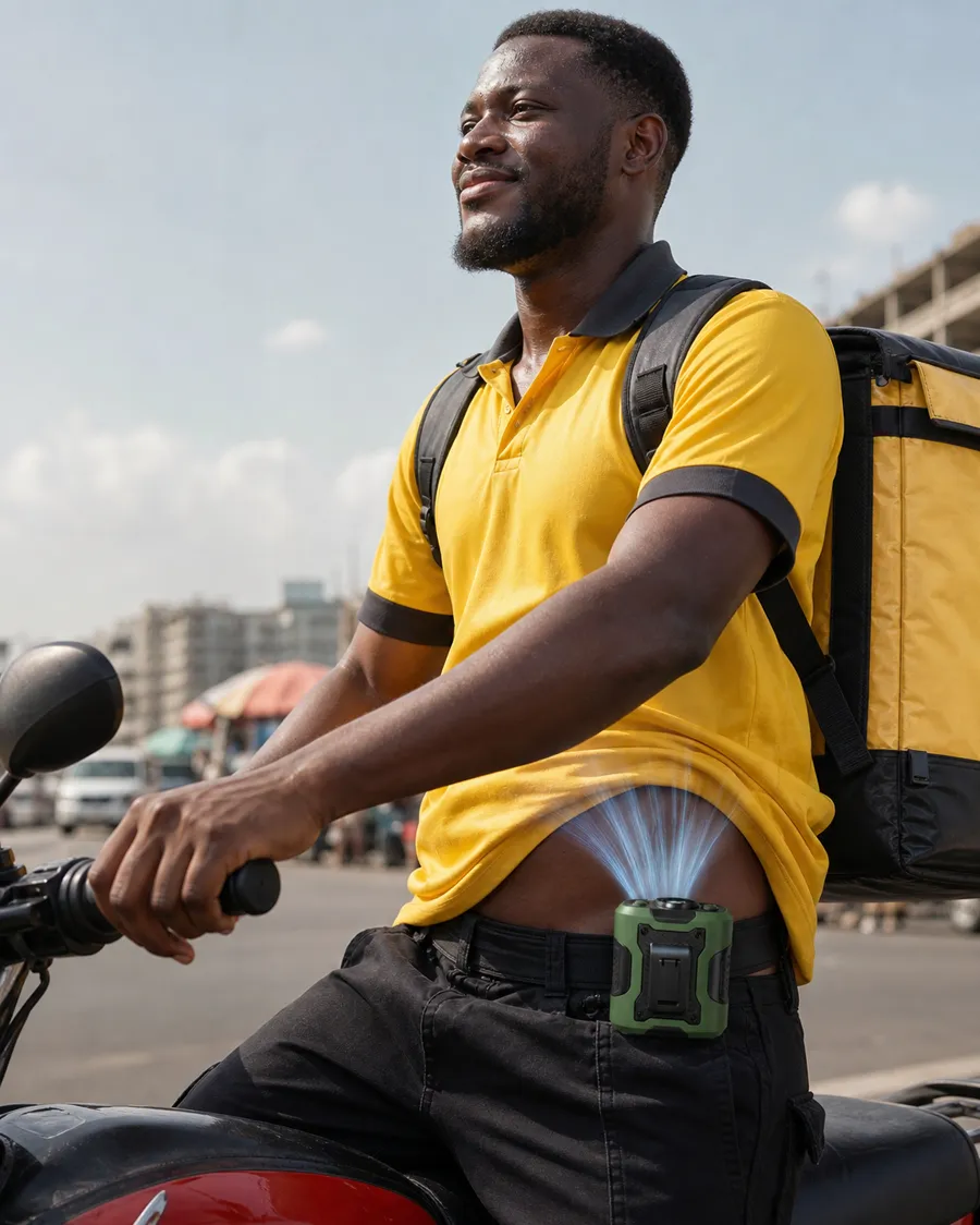 Ghana delivery rider wearing the fan