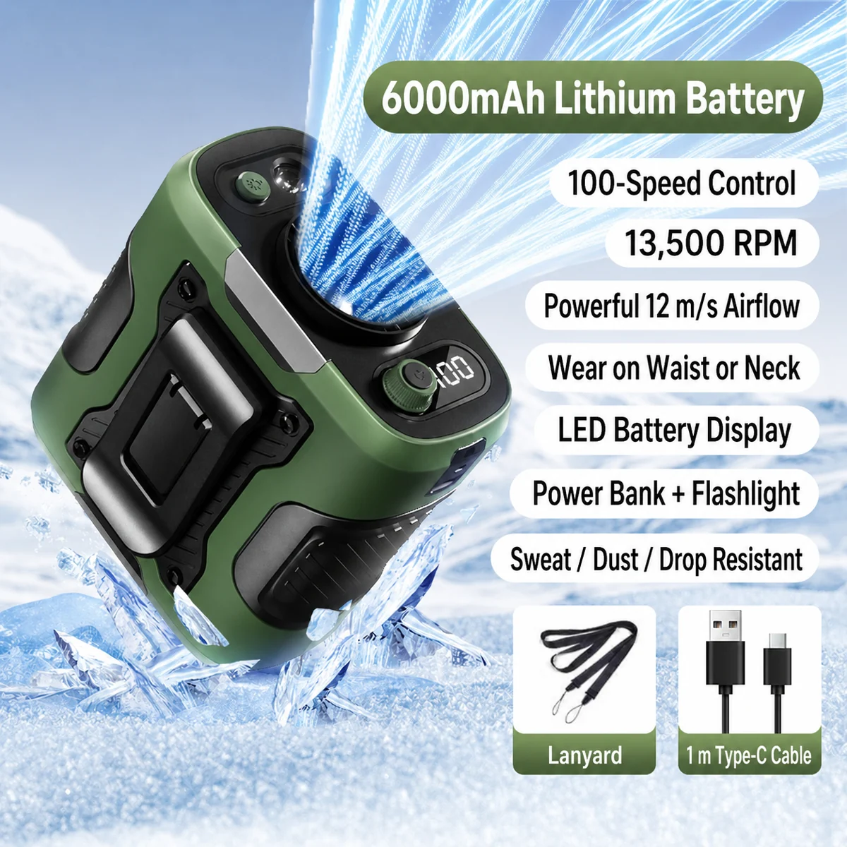 Green 6000mAh wearable waist fan